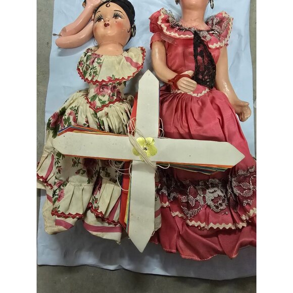 2 Vintage Old Composition Dolls Mexico 16" & 14" & Paper Streamer 12 ft - Picture 2 of 16